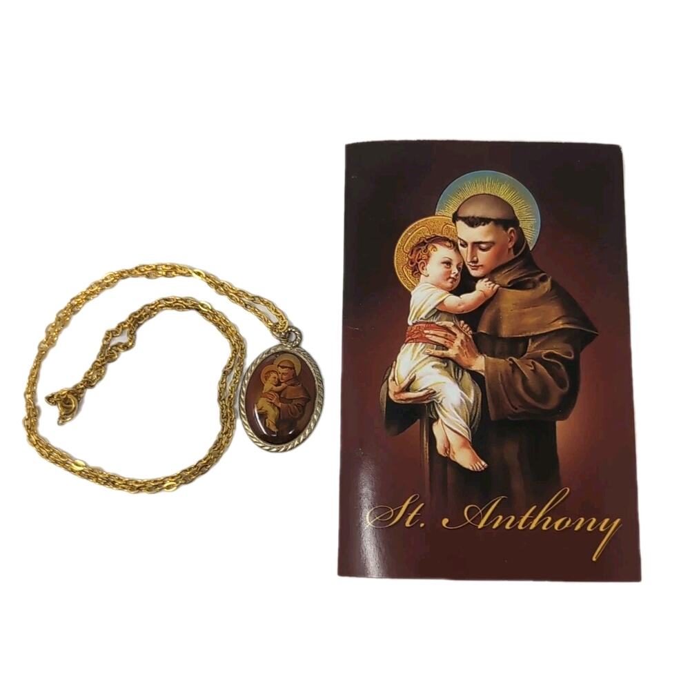 St Anthony Baby Jesus Necklace Prayer Card‎ Franciscan Friars Catholic Christian